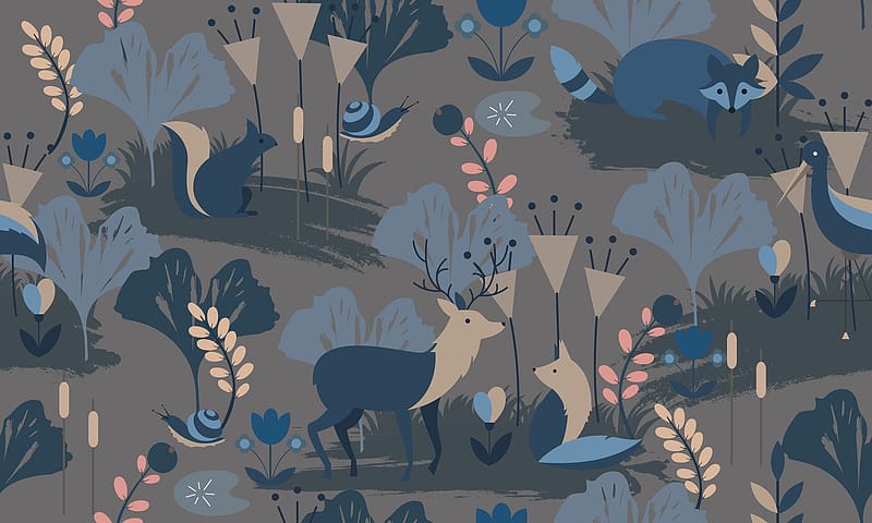 Pattern, blue, brown, deer, flower, texture, leaf, snail, sergey vereschagin, HD wallpaper