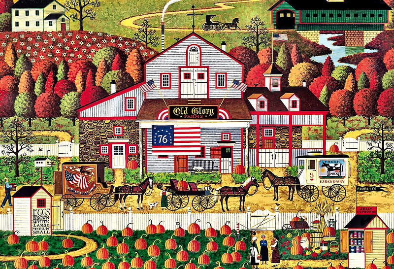 Autumn Farms, architecture, planting, art, autumn, bonito, illustration, artwork, farm, painting, wide screen, scenery, crops, landscape, HD wallpaper