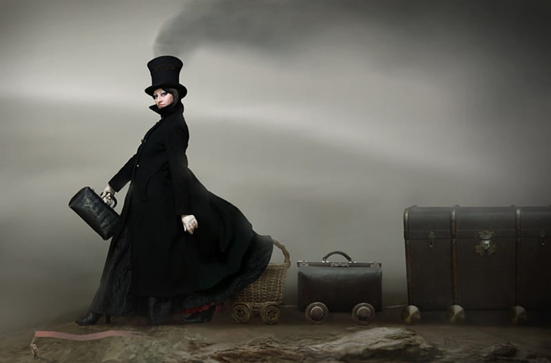 The Journey, female, luggage, black hat, black dress, purse, smoke, woman, fog, HD wallpaper
