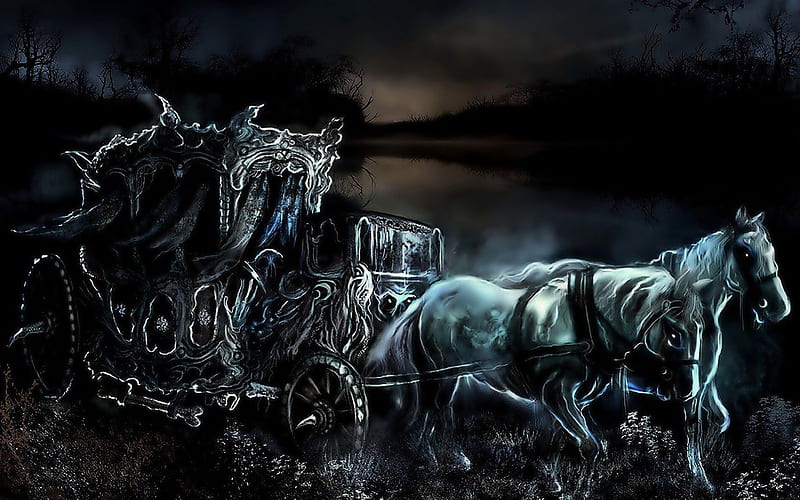 Ghostly Horses & Carriage, spooky, glowing, ghosts, horse, horses, carriage, ghostly, HD wallpaper