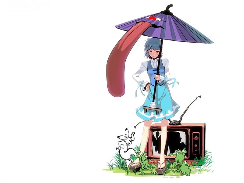 Tatara Kogasa, frogs, rabbit, dress, grass, umbrella, short hair, blue hair, anime, touhou, HD wallpaper