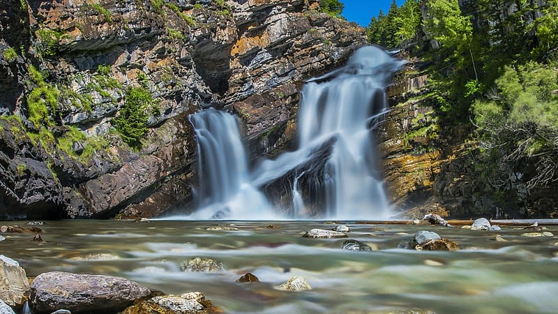 Cameron Falls, Waterton Lakes NP, Alberta, rocks, river, cascades, trees, canada, stones, HD wallpaper