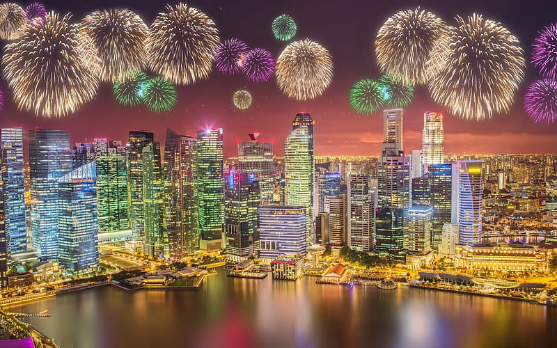 Singapore, metropolis, night, fireworks, skyscrapers, city lights, HD wallpaper