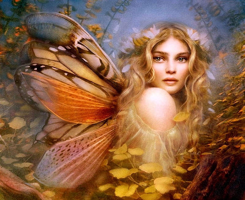 Fairy, fantasy, wings, bente schlick, luminos, orange, butterfly, girl, HD wallpaper
