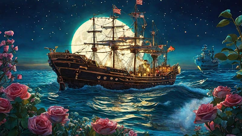 Sailing On A Full Moon, rose, ship, moon, ocean, HD wallpaper