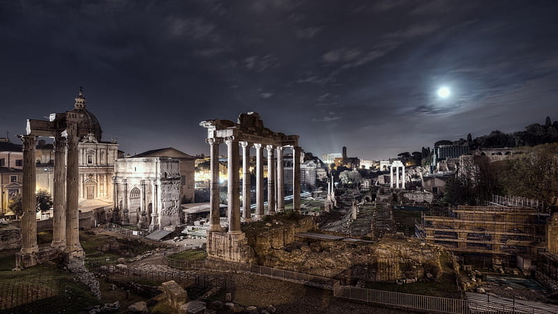 ancient ruins in rome under moonlight, moon, city, ancient, ruins, night, light, HD wallpaper