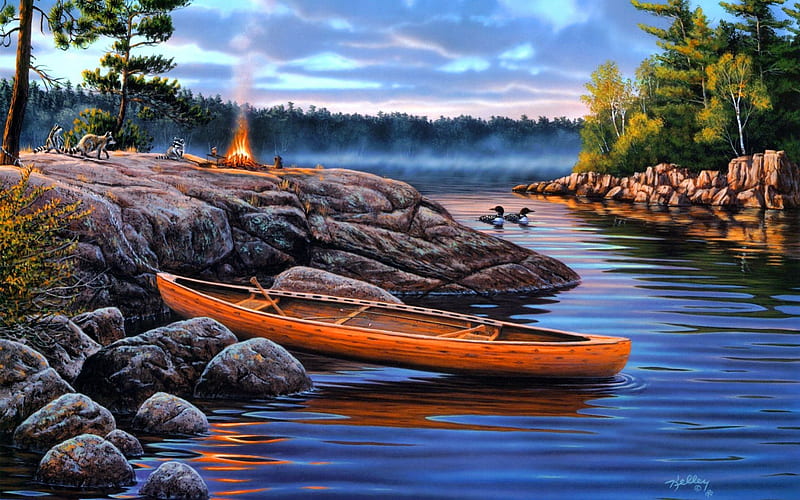 The little rascals, rocks, little, riverbank, shore, canoe, bonito, picnic, nice, calm, boat, dock, rascals, painting, river, evening, reflection, art, quiet, lovely, birds, creek, sky, trees, mist, lake, fire, tranquil, serenity, summer, nature, HD wallpaper