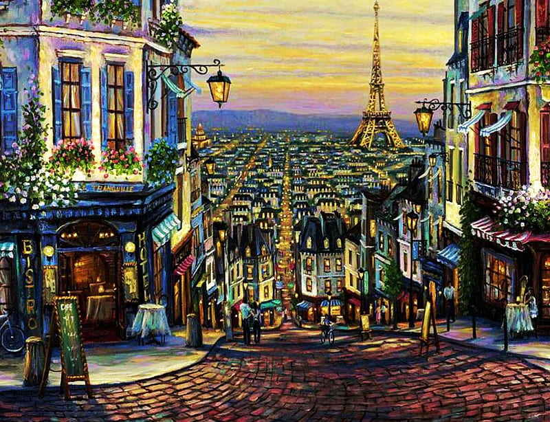 Morning in Paris, eiffel tower, houses, painting, colors, sunset, sky, street, artwork, HD wallpaper