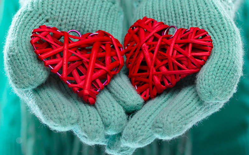 red heart in hands, valentines day, february 14, love concepts, winter, turquoise mittens, hands, HD wallpaper