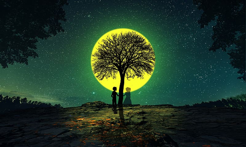 Fantasy, Love, Silhouette, Couple, Tree, Full Moon, HD wallpaper