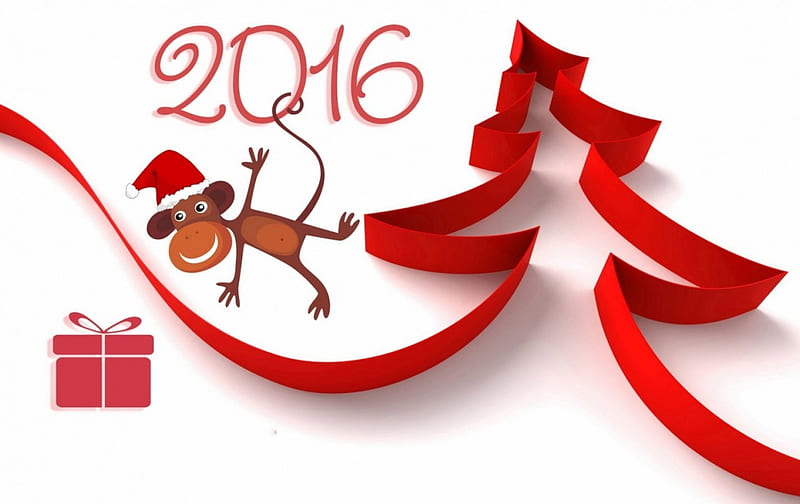 Happy New Year!, red, 2016, craciun, christmas, zodiac, new year, gift, monkey, tree, chinese, santa hat, white, HD wallpaper