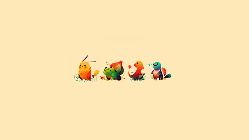 pokemon figures, minimalism, Pikachu, Bulbasaur, Squirtle, Charmander, beige, beige background, simple background, HD wallpaper