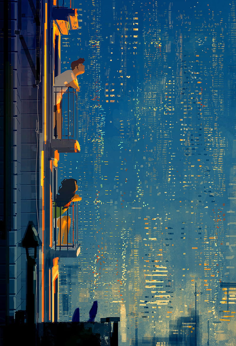 city, balcony, people, artwork, ArtStation, blue, HD phone wallpaper