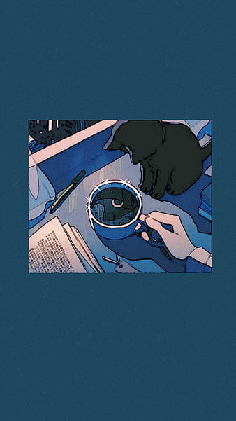 Coffee, aesthetic, anime aesthetic, black, black cat, cat, HD phone wallpaper
