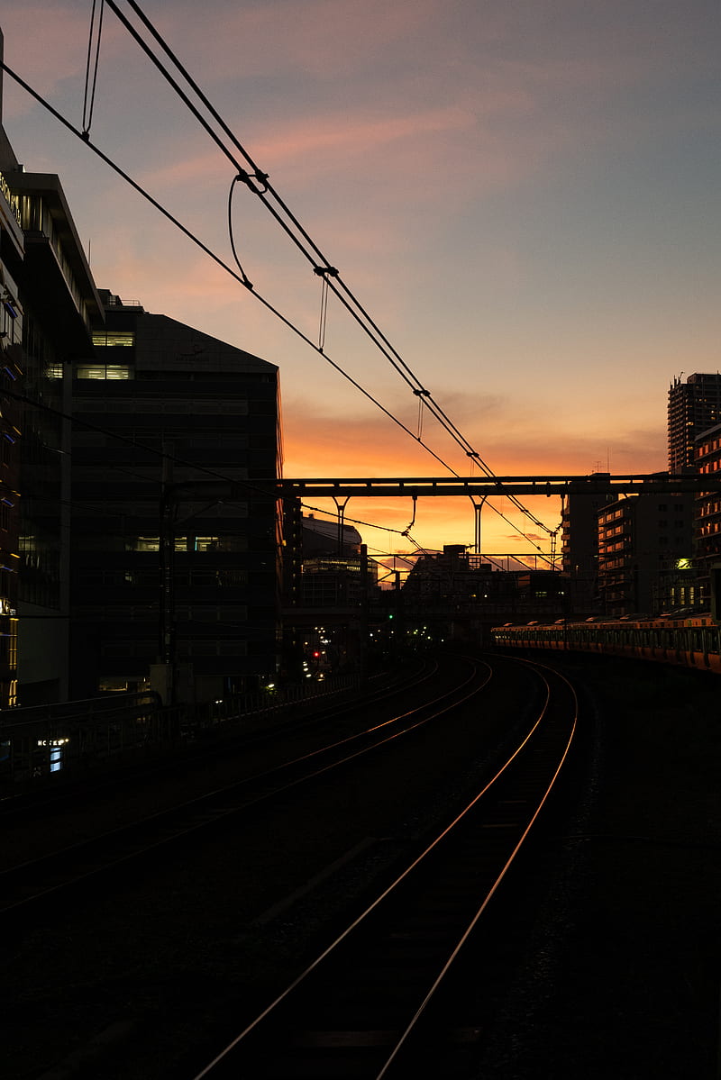railroad, rails, dark, city, dusk, HD phone wallpaper