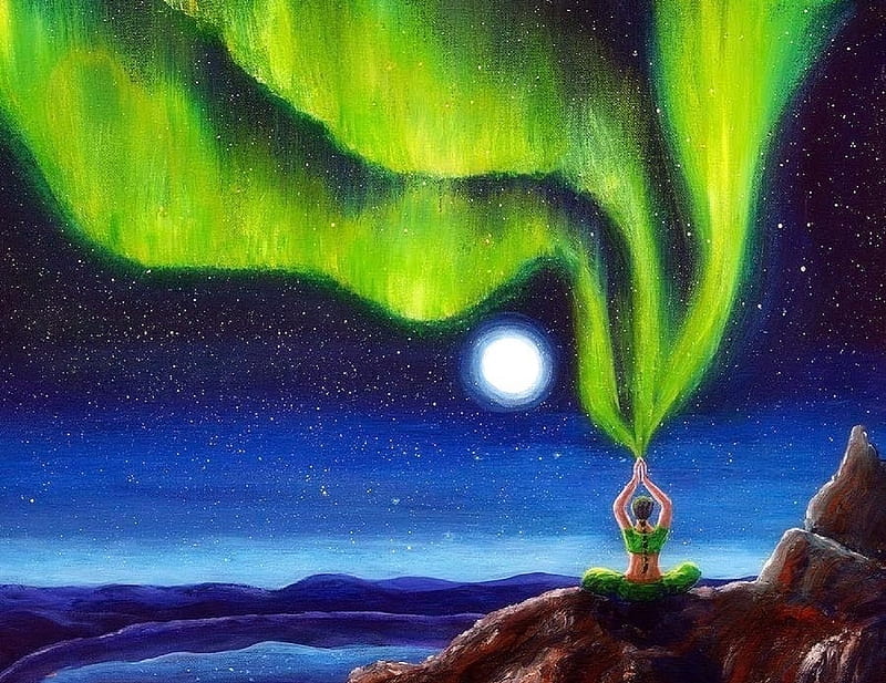 Power of Green Aurora, moons, colorful, draw and paint, aurora, love four seasons, northern light, attractions in dreams, sky, paintings, green, meditation, HD wallpaper