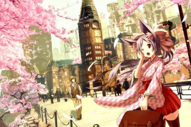 trip to the city, pretty, sakura, neko, cute, city, girl, anime, tress, beauty, HD wallpaper