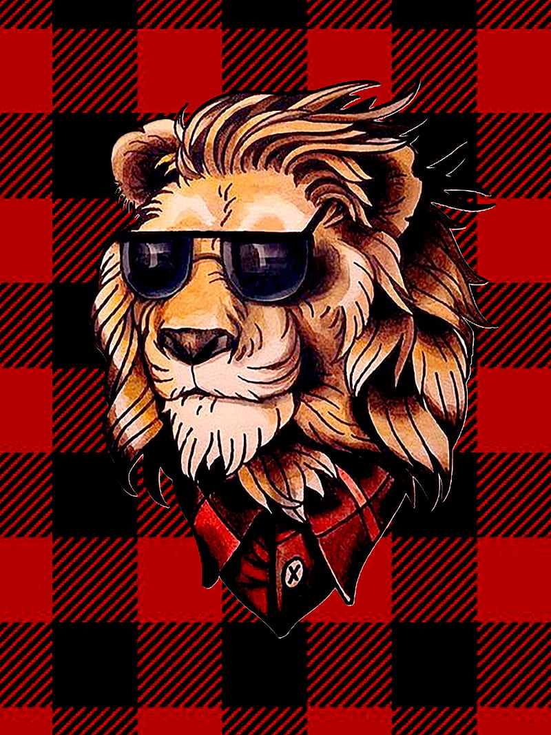 Old School Lion, checked, red, black, glasses, HD phone wallpaper
