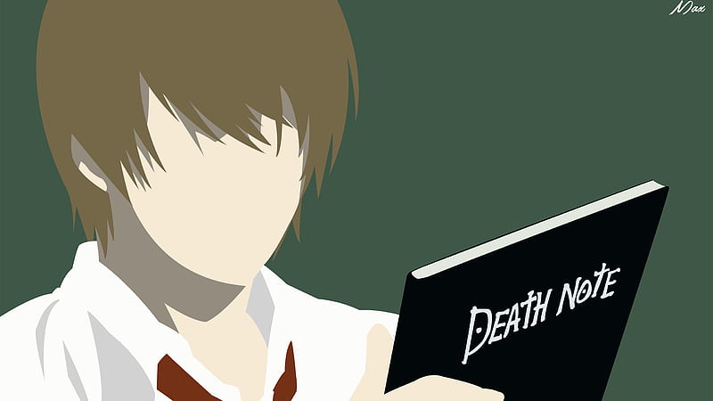death note brown hair light yagami minimalist with book in forest green background wearing white shirt anime, HD wallpaper