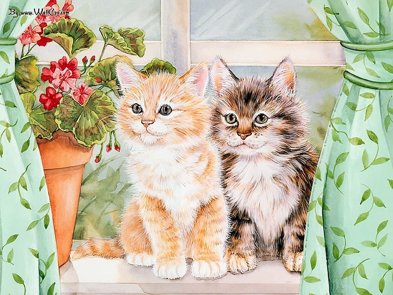 cats-calender-oil-window-cat-courtain-kitten-jane-kittens-art-flower-maday-painting of-tortoiseshel, Fensterbank, Cats, Freunde, Blume, Deutschland, Kardine, HD wallpaper
