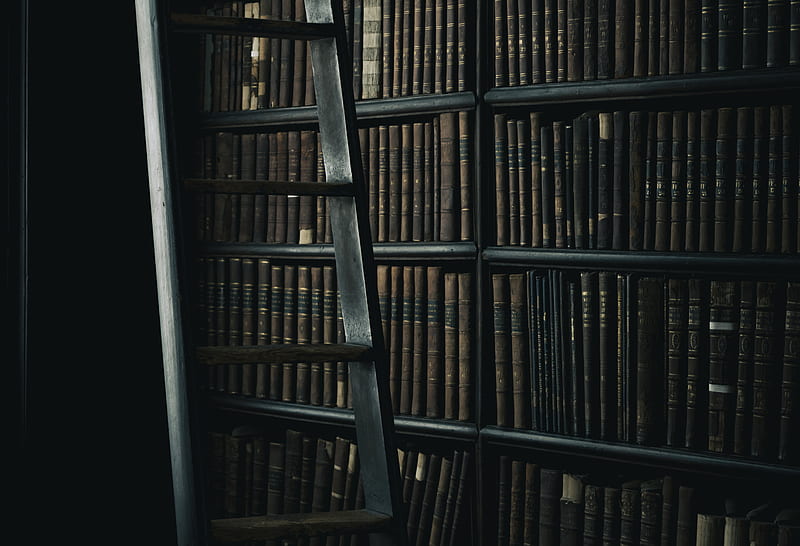 black wooden ladder beside brown wooden bookshelf, HD wallpaper