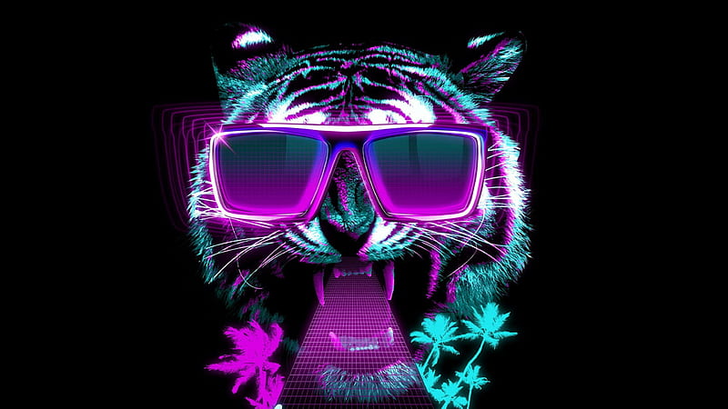 Tiger, vaporwave, black, neon, tigru, pink, blue, minimalism, sunglasses, fantasy, HD wallpaper