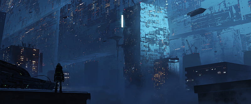 Create a stunning cinematic big anime wallpaper featuring a mesmerizing  futuristic cityscape with towering skyscrapers, vibrant neon lights  illuminating the bustling streets below, and an awe-inspiring anime  protagonist standing confidently at the