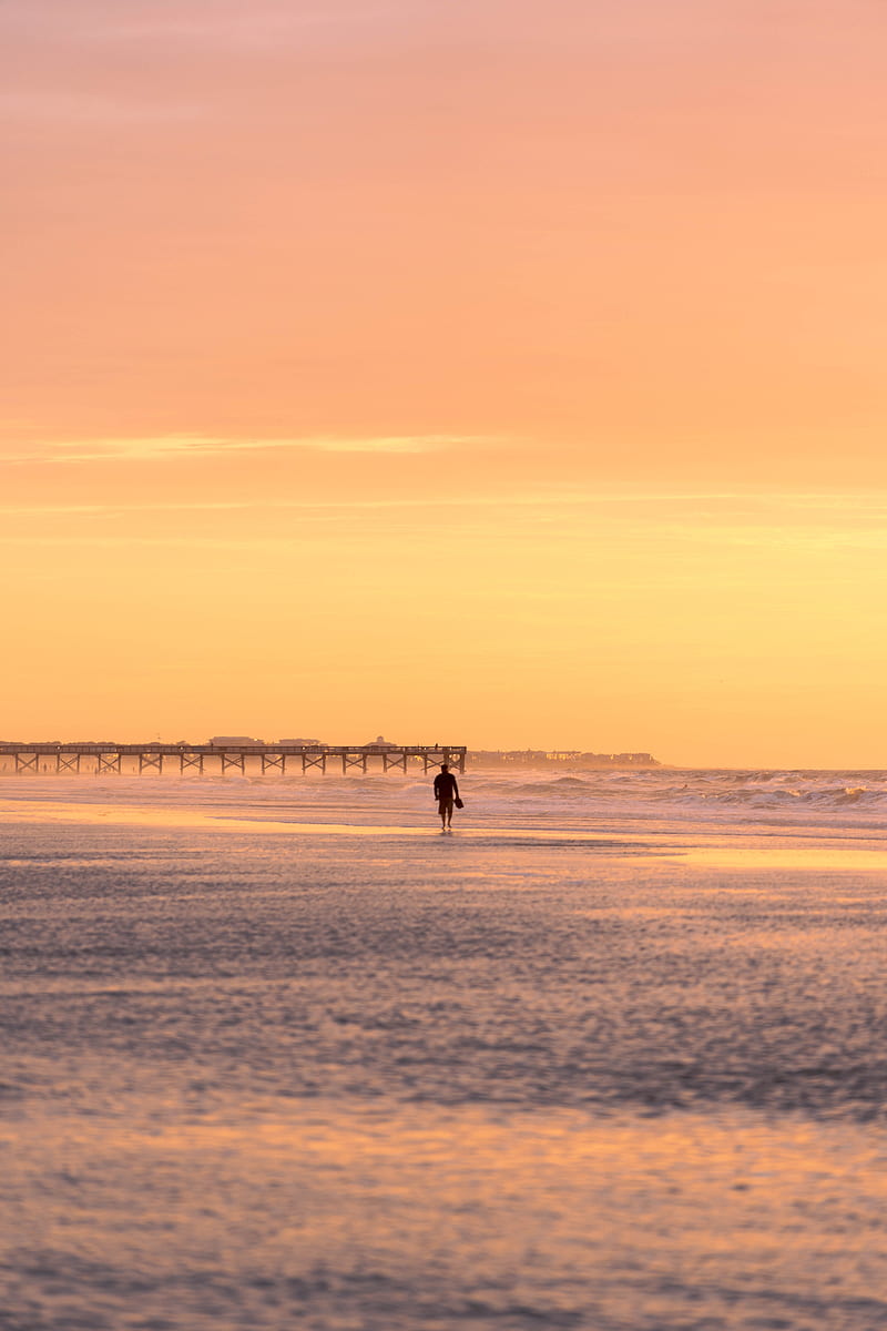 man, silhouette, alone, beach, sea, sunset, HD phone wallpaper