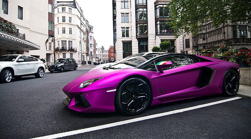 Hot purple lamborghini, city, purple, parked, street, cae, HD wallpaper ...