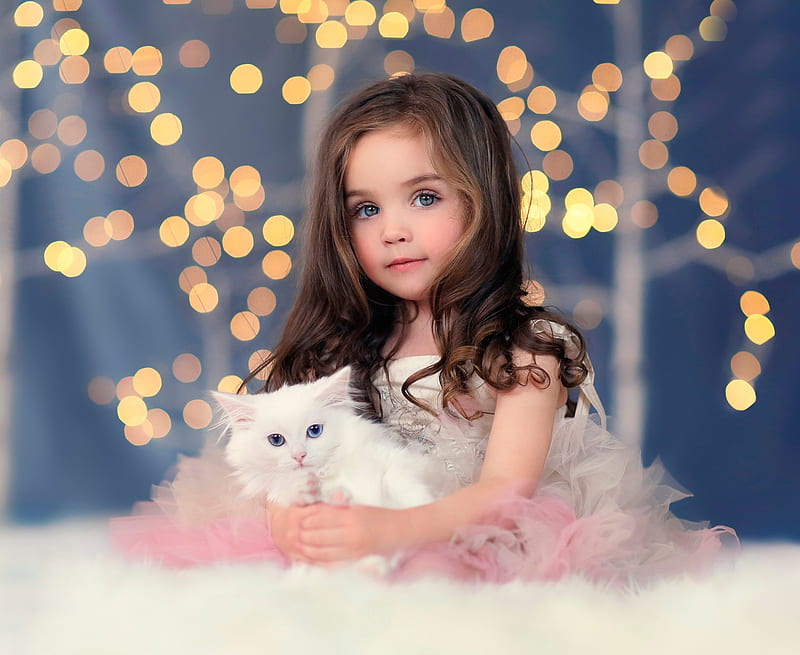 little, girl, craciun, pisici, white, cat, christmas lights, blue, cute, HD wallpaper