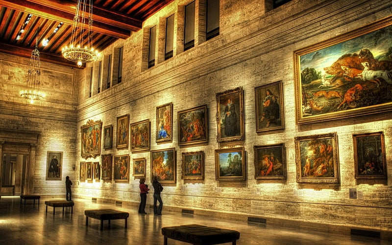 magnificent museum of art r, museum, art, paintings, hall, r, lights, HD wallpaper