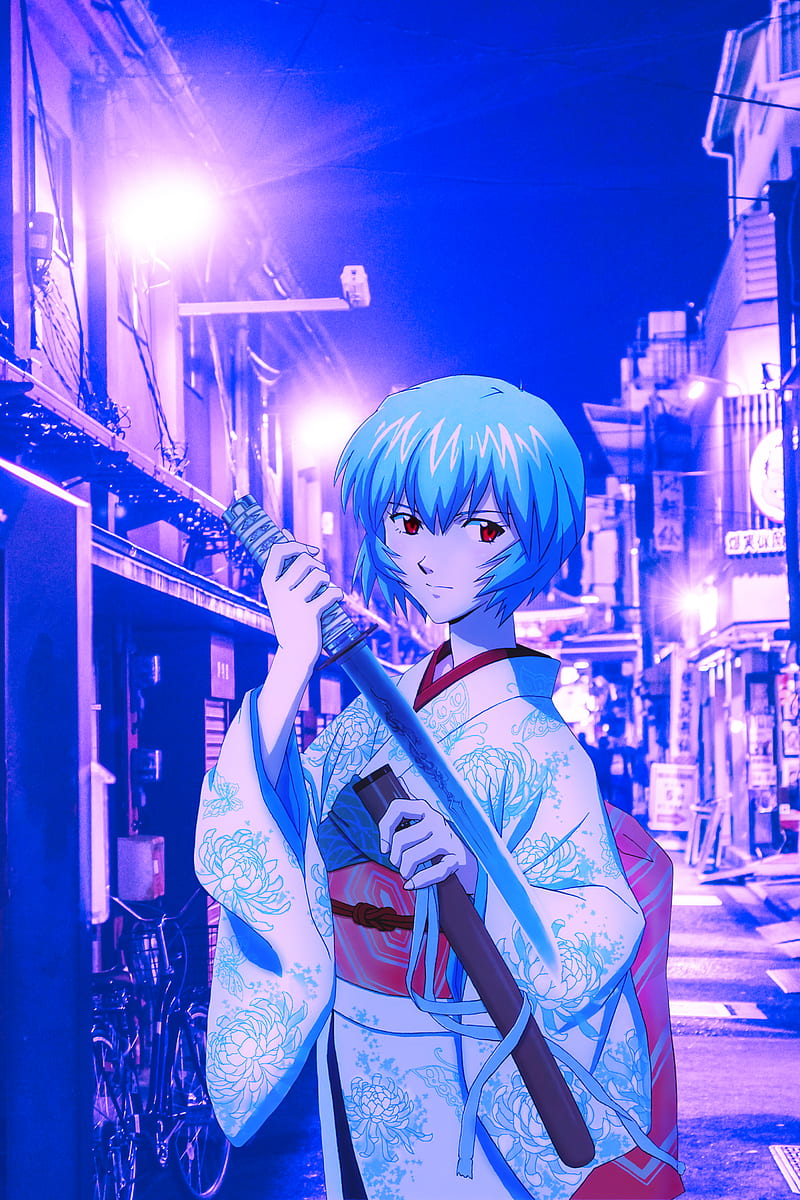 anime, neon, Ayanami Rei, Neon Genesis Evangelion, kimono, sword, anime girls, HD phone wallpaper