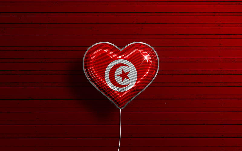 I Love Tunisia realistic balloons, red wooden background, African countries, Tunisian flag heart, favorite countries, flag of Tunisia, balloon with flag, Tunisian flag, Tunisia, Love Tunisia, HD wallpaper