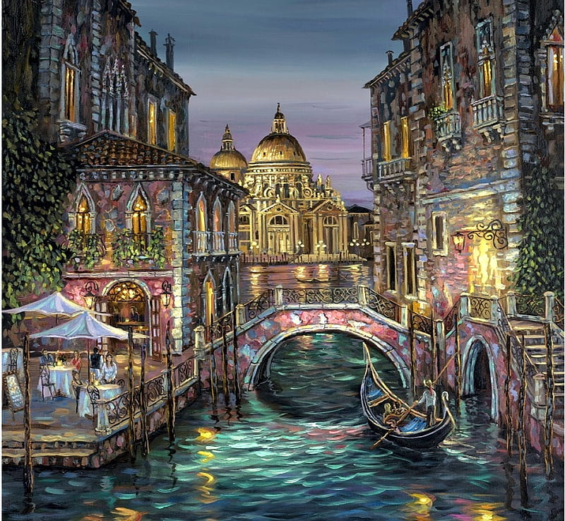 Venice - Ageless Beauty, restaurant, bridge, canal, houses, painting, dome, artwork, HD wallpaper