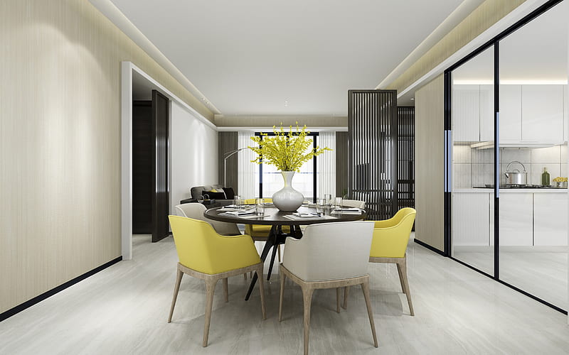 dining room, stylish interior, yellow-black dining room, modern interior design, lounge dining room, mimosa, HD wallpaper