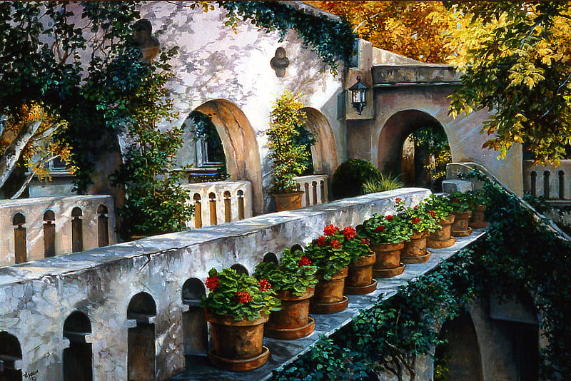 Beautiful Walkway, balcony, plants, painting, flowers, villa, HD wallpaper