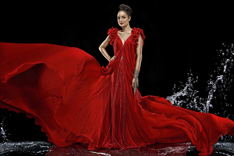Woman In Red Dress, red, female, dress, chic, model, elegant, brunette, flowing, people, HD wallpaper