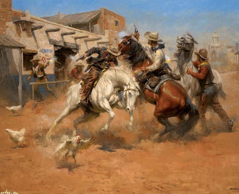 WILD WEST SHOOTOUT, dust clouds, town, horses, guns, wild west, people, chickens, western, animals, cowboys, HD wallpaper