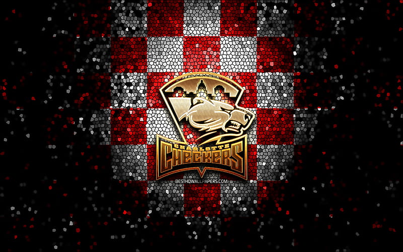 Charlotte Checkers, glitter logo, AHL, red white checkered background, USA, american hockey team, Charlotte Checkers logo, mosaic art, hockey, America, HD wallpaper