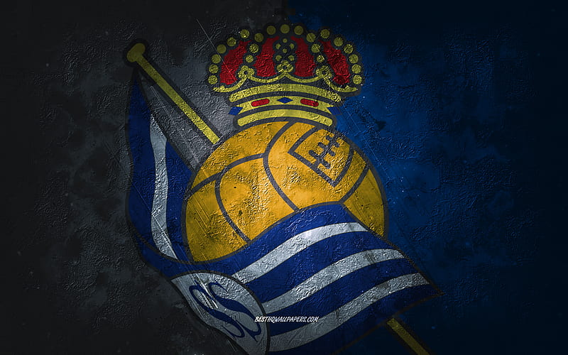 Real Sociedad, Spanish football club, burgundy blue white stone background, Real Sociedad logo, grunge art, La Liga, football, Spain, Real Sociedad emblem, HD wallpaper