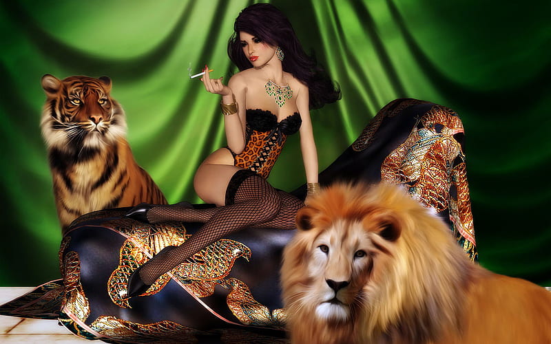 girl and beasts, 3d, girl, tiger, woman, sexy, lion, HD wallpaper