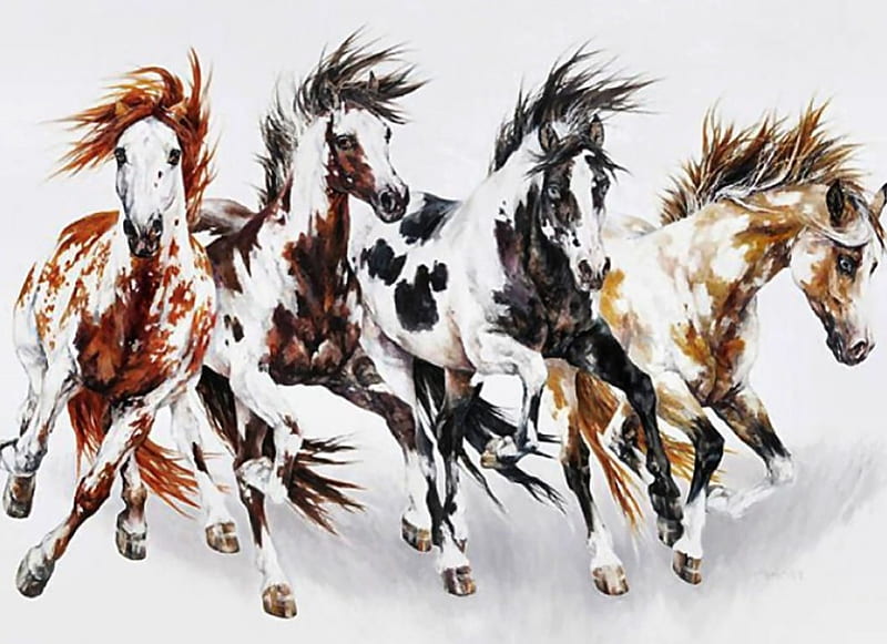 Rainbow Ponies - Horse F, art, equine, bonito, horse, artwork, animal, paints, pintos, painting, HD wallpaper