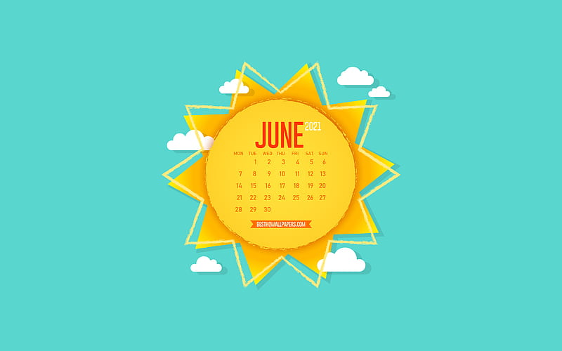 2021 June Calendar, creative sun, paper art, background with the sun, June, blue sky, 2021 summer calendars, June 2021 Calendar, HD wallpaper