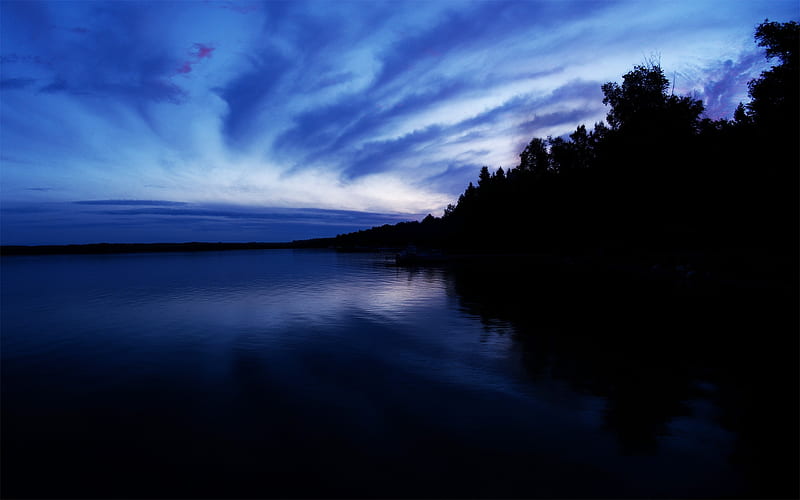 calm lake, dawn, trees silhouette, ripple, Nature, HD wallpaper
