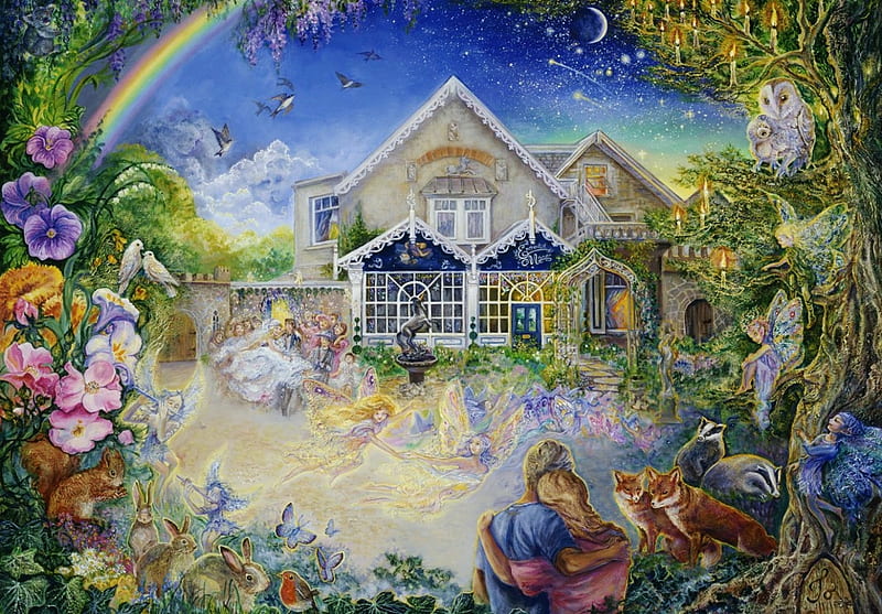 Enchanted Manor, house, painting, foxes, flowers, fairies, elves, owls, artwork, HD wallpaper