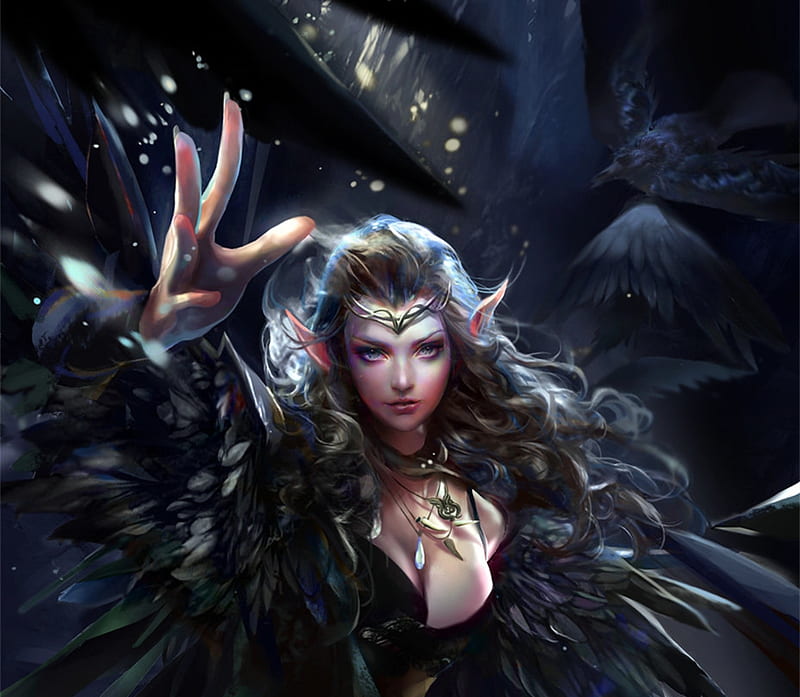 Dark elf queen, fantasy, luminos, girl, feather, ye viki, black, hand, crow, HD wallpaper