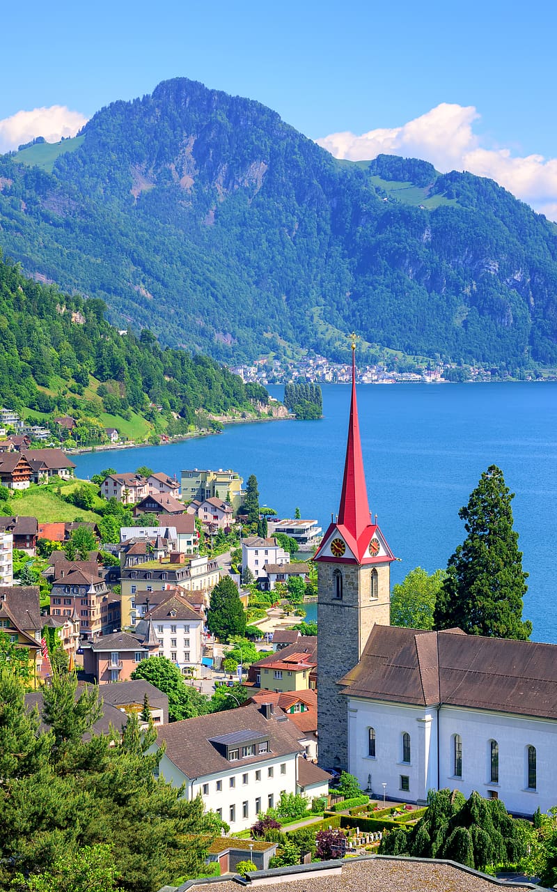 Mountain, Lake, Switzerland, Town, Lucerne, , Towns, HD phone wallpaper