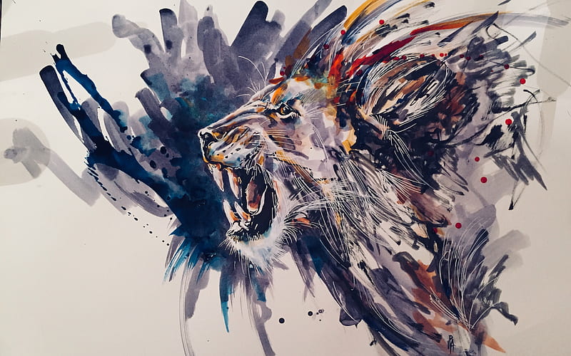 Painted lion, grunge art, drawing lion, paint art, lion, predator, HD wallpaper