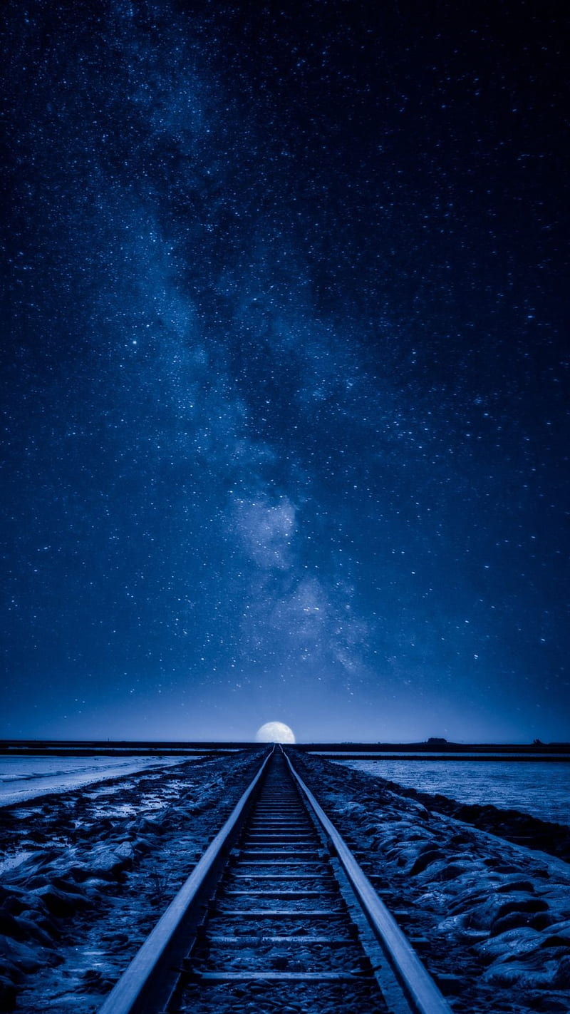 Blue night, moon, nature, stars, train, HD phone wallpaper