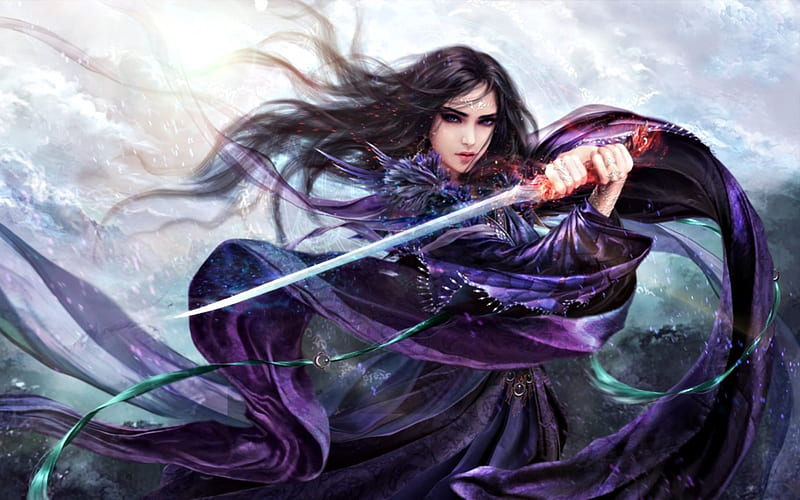 The purple rose, art, sansaxix, rose, woman, fantasy, girl, samurai ...